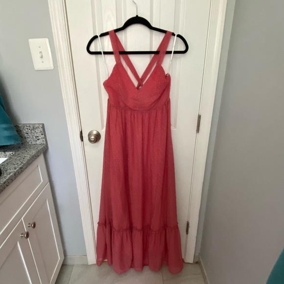 Lulu’s Coral Swiss Dot Tie-Back Maxi Dress - Picture 3 of 4